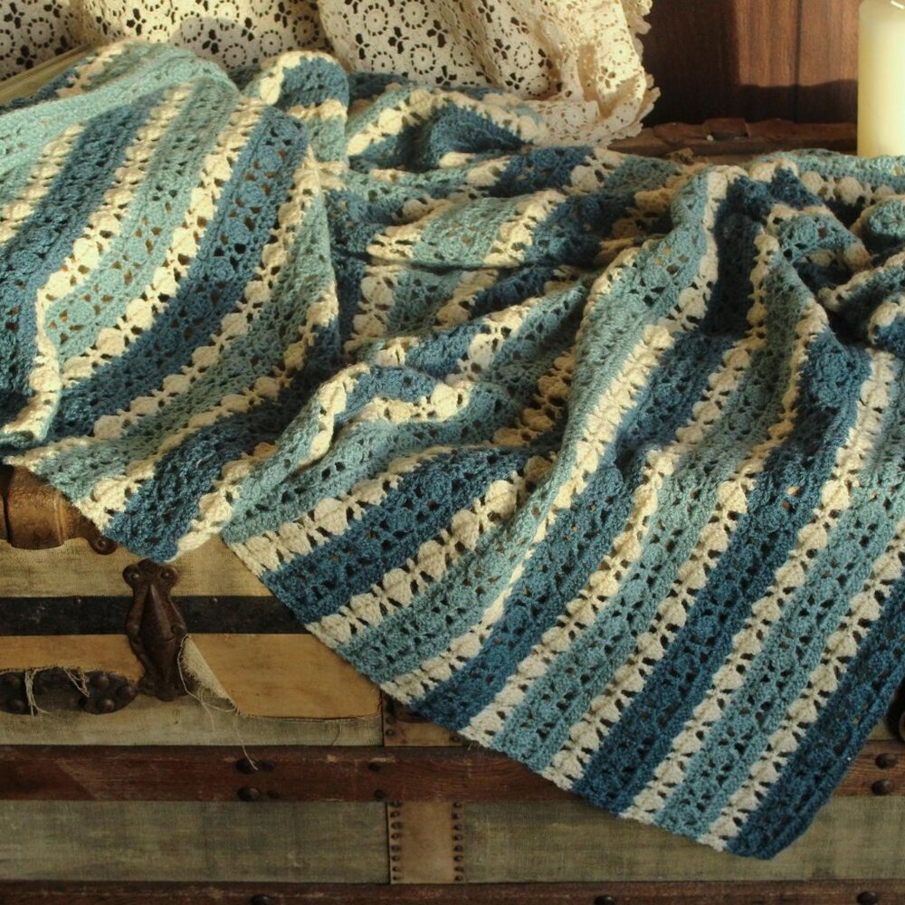 Vintage 1960s Afghan, Blue and White Striped Crochet Lap Blanket or Throw